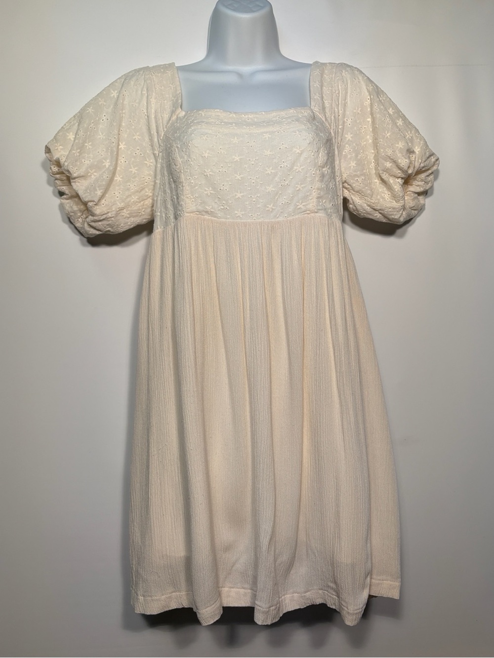 Hem & Thread Cream Puff-Sleeve Square-Neck Mini Dress